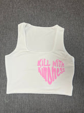 Load image into Gallery viewer, White &quot;Kill With Kindness&quot; Cropped Tank w/ Puffed Font
