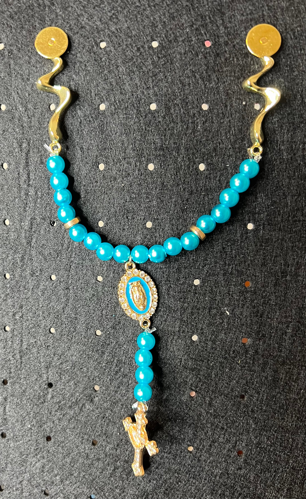 Blue and Gold Rosary Style Hat Chain with Cross