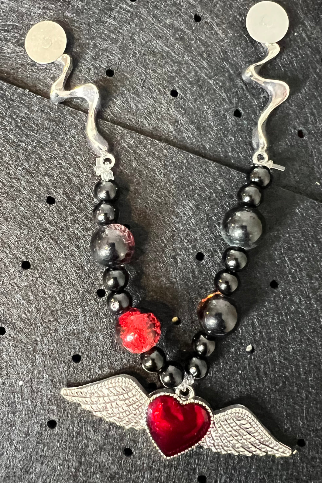 Black and Silver Heart With Wings Hat Chain