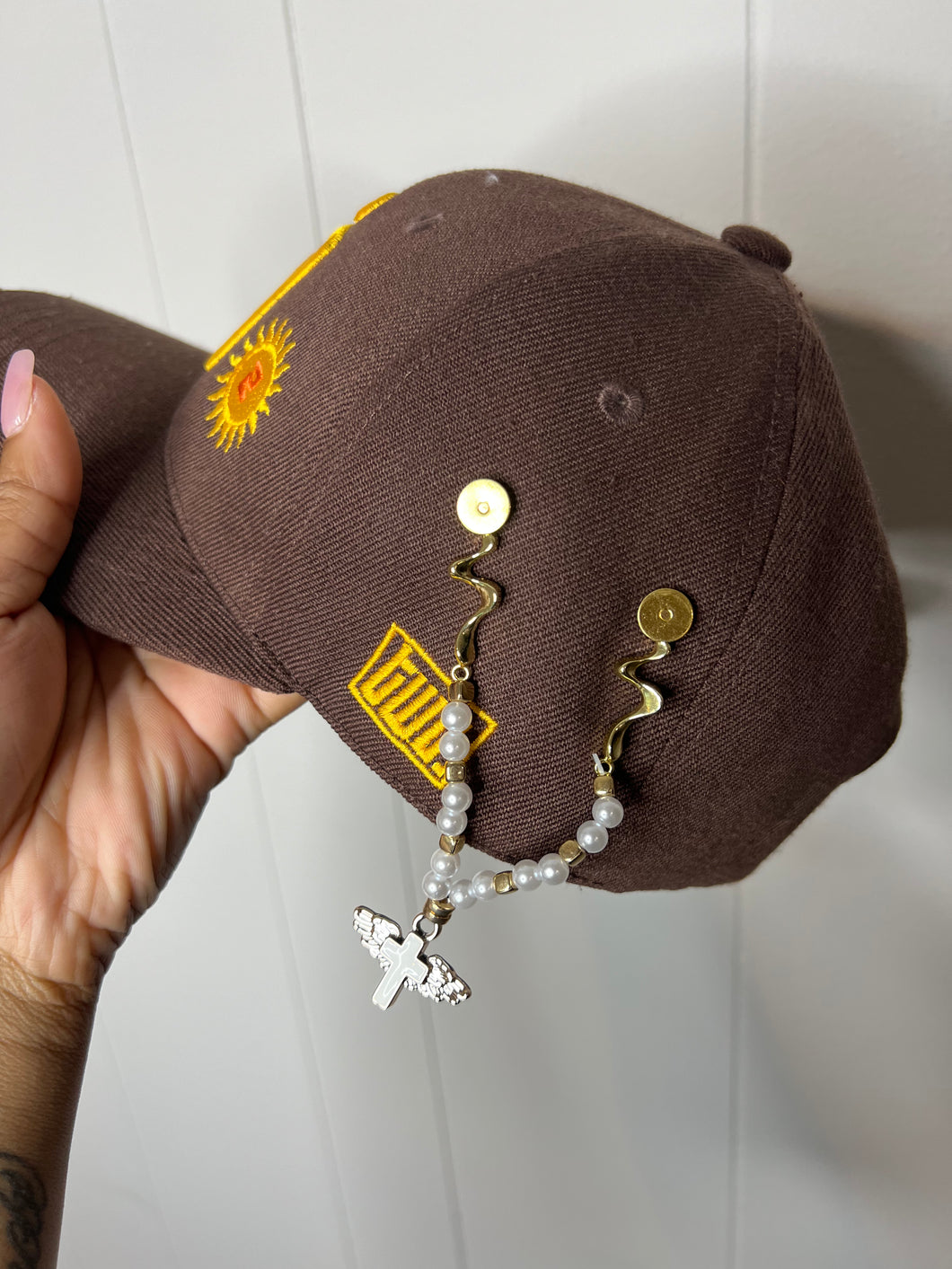 Gold and White Cross with Wings Hat Chain